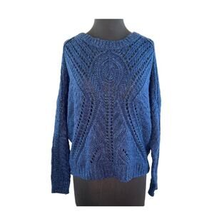 Devoted Blue Crochet Cable Knit Long Sleeve Round Neck Chunky Sweater Size M